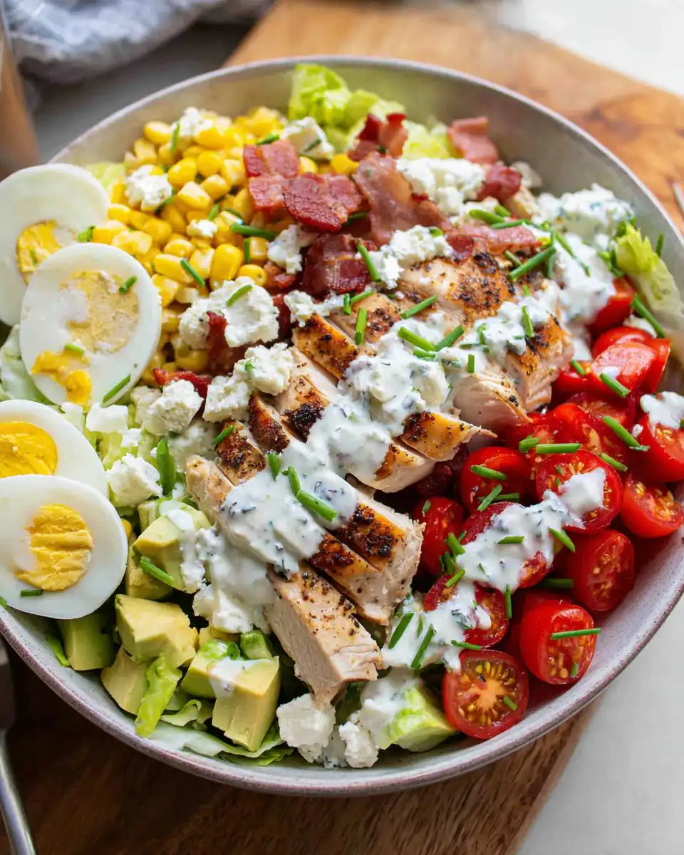 A vibrant bowl of Healthy Chicken Cobb Salad with Avocado, featuring grilled chicken, hard-boiled eggs, corn, tomatoes, bacon, and creamy ranch dressing.
