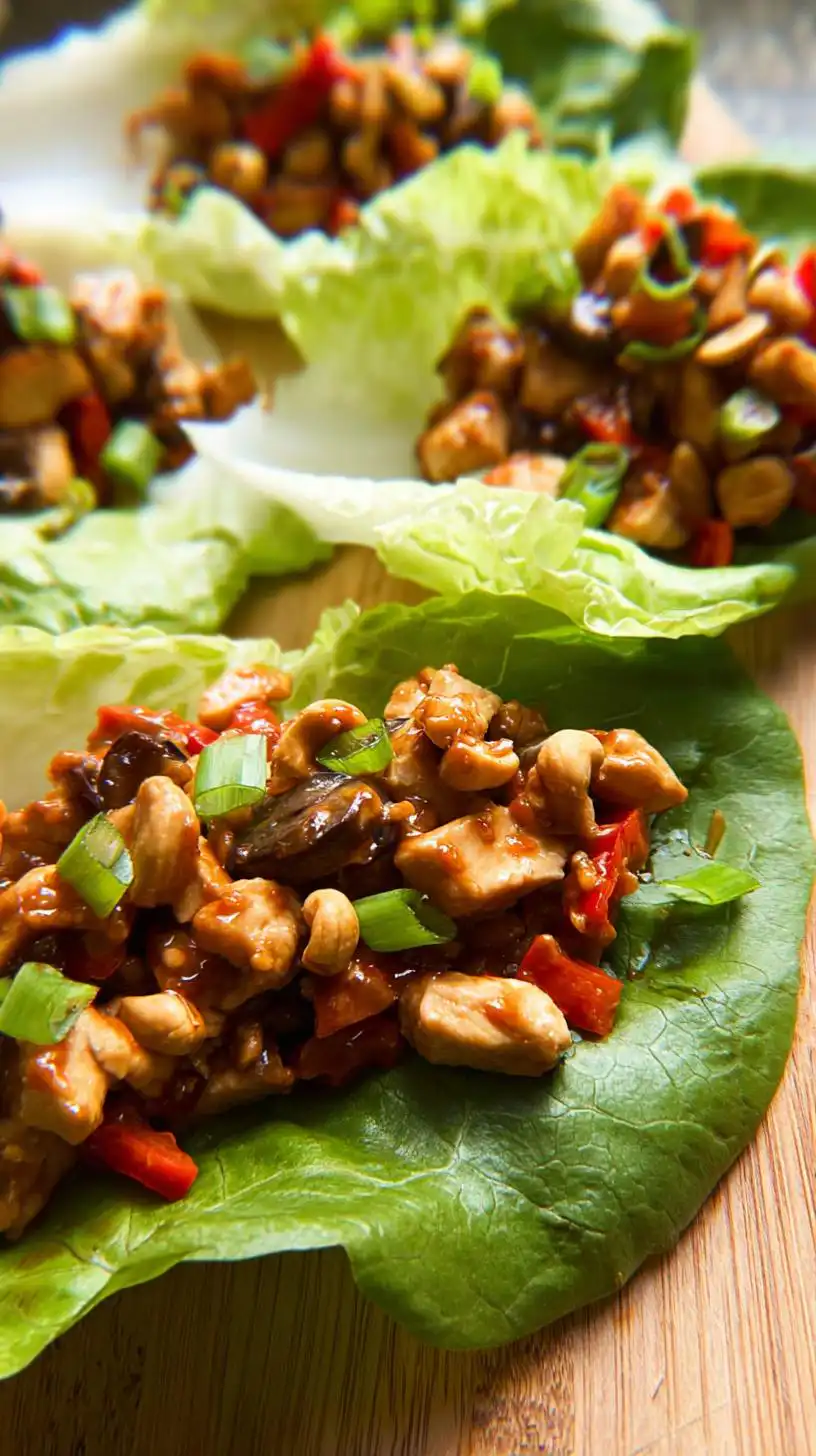Close-up of healthy chicken lettuce wraps filled with chicken, cashews, red peppers, and green onions.