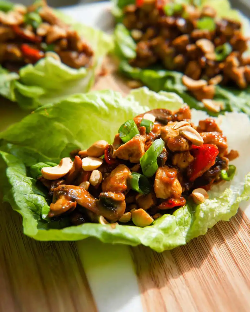 Close-up of healthy chicken lettuce wraps filled with seasoned chicken, peanuts, red peppers, and scallions.