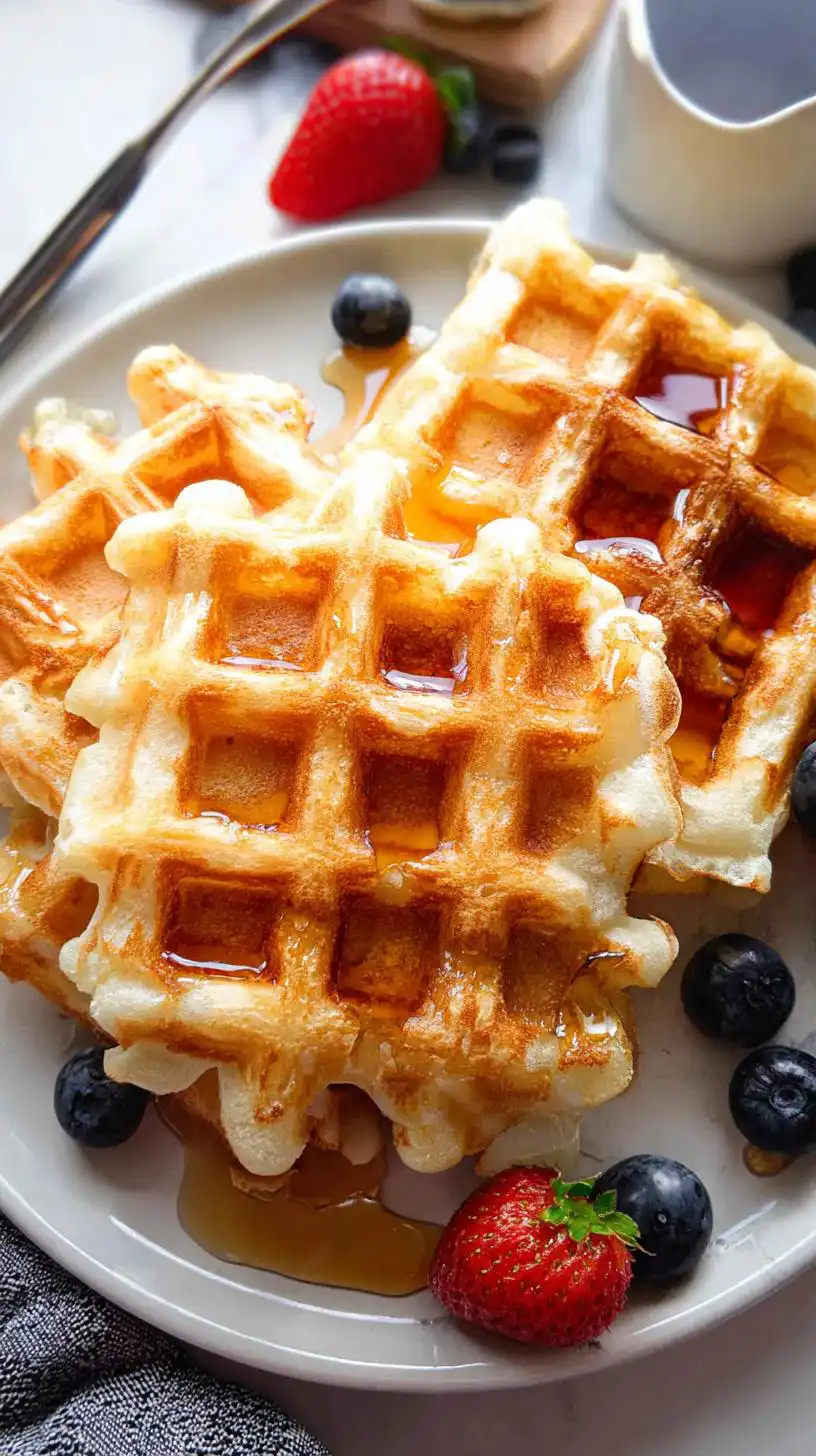 Stack of golden-brown Healthy Cottage Cheese Protein Waffles drizzled with syrup and topped with fresh strawberries and blueberries.