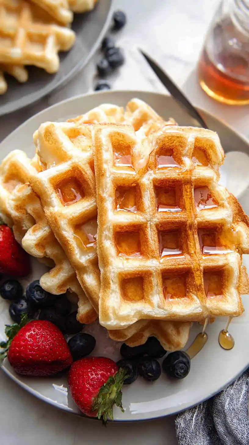 Golden brown Healthy Cottage Cheese Protein Waffles stacked on a plate, drizzled with syrup and surrounded by fresh strawberries and blueberries.