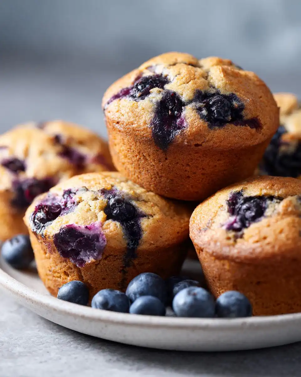 A stack of golden-brown Healthy Low-Sugar Blueberry Muffins bursting with blueberries, served on a plate with fresh blueberries.