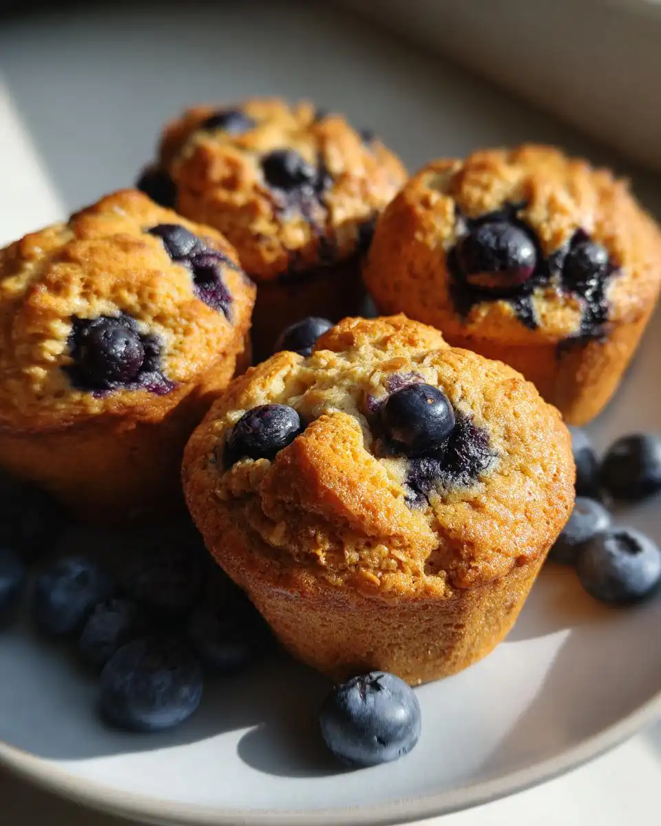 Close-up of four Healthy Low-Sugar Blueberry Muffins on a plate, with fresh blueberries scattered around.