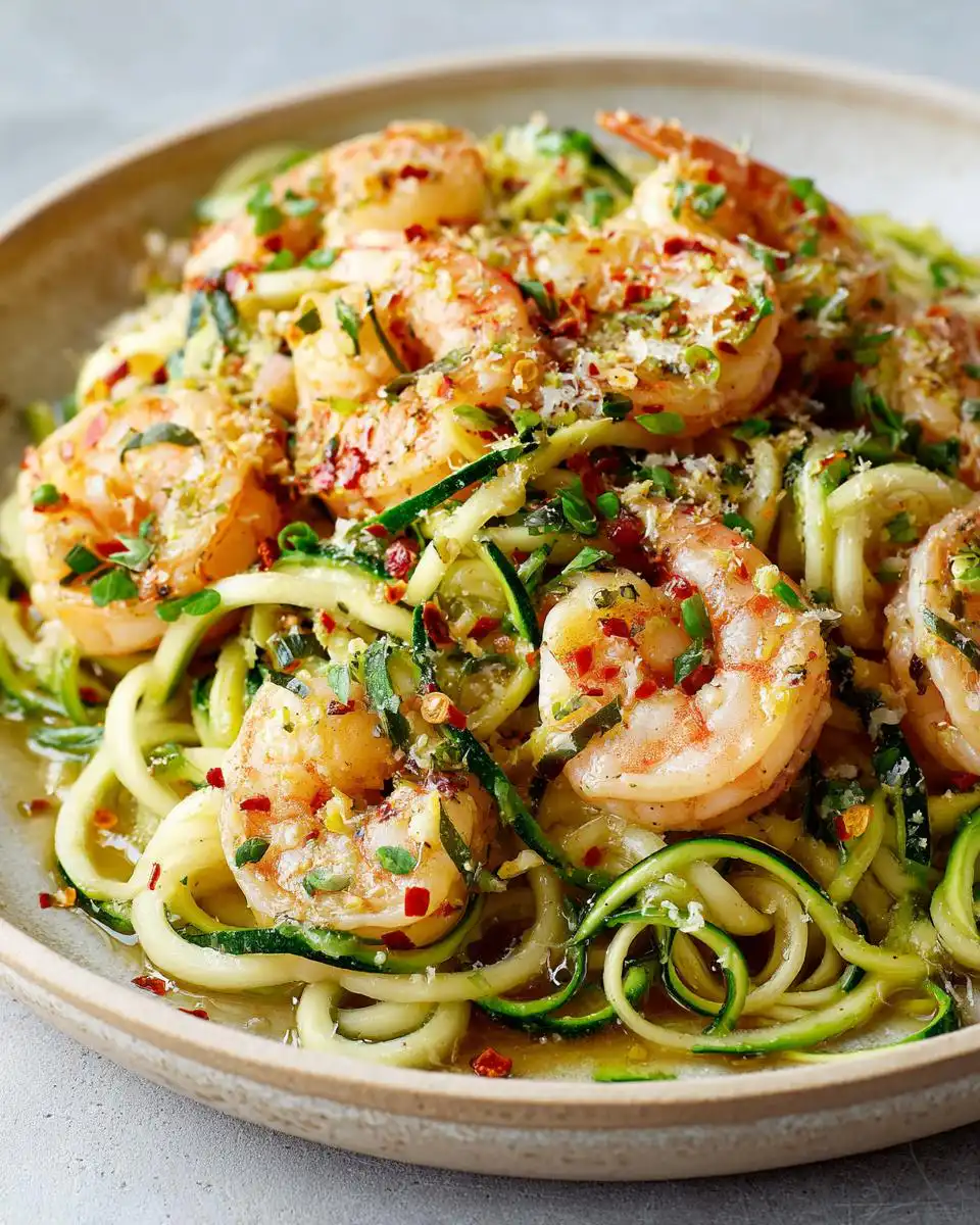 A close-up of Healthy Shrimp Scampi with Zucchini Noodles, featuring plump shrimp and spiralized zucchini.