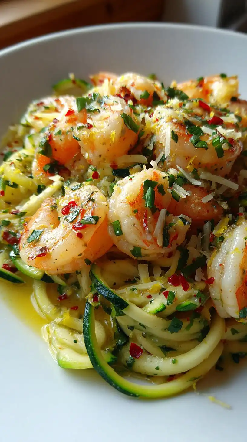 Close-up of Healthy Shrimp Scampi with Zucchini Noodles, garnished with parsley and chili flakes.