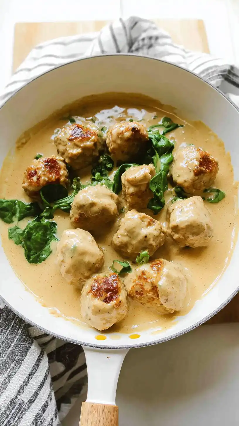 Close-up of Healthy Turkey Swedish Meatballs simmering in a creamy sauce with fresh spinach.
