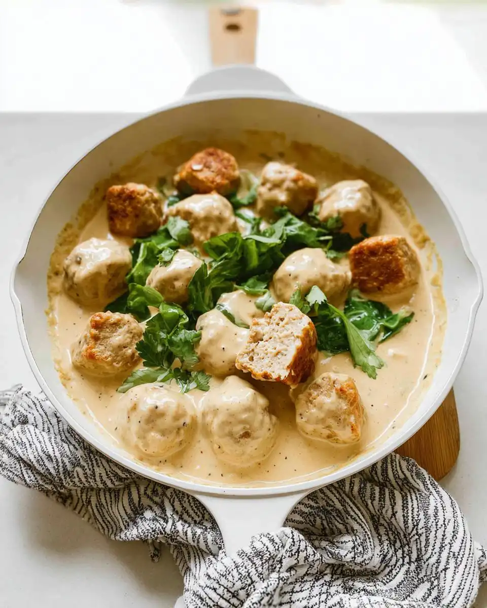 A close-up of Healthy Turkey Swedish Meatballs simmering in a creamy sauce, garnished with fresh greens.