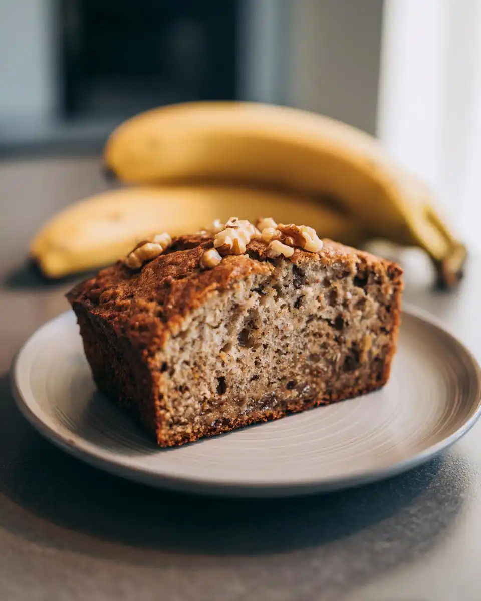 A slice of High Protein Banana Bread topped with walnuts, served on a plate with bananas in the background.