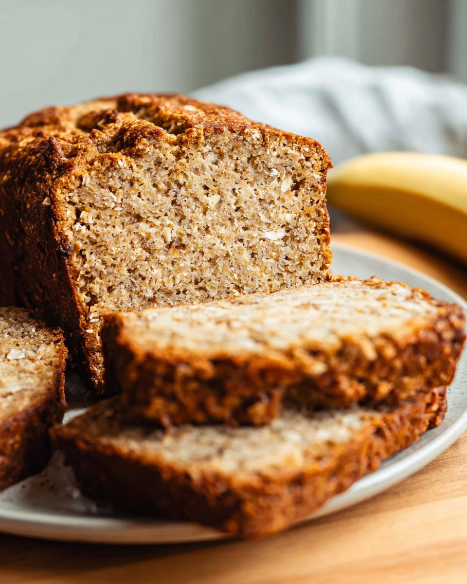 Close-up of sliced high protein banana bread on a plate, with a whole banana in the background.