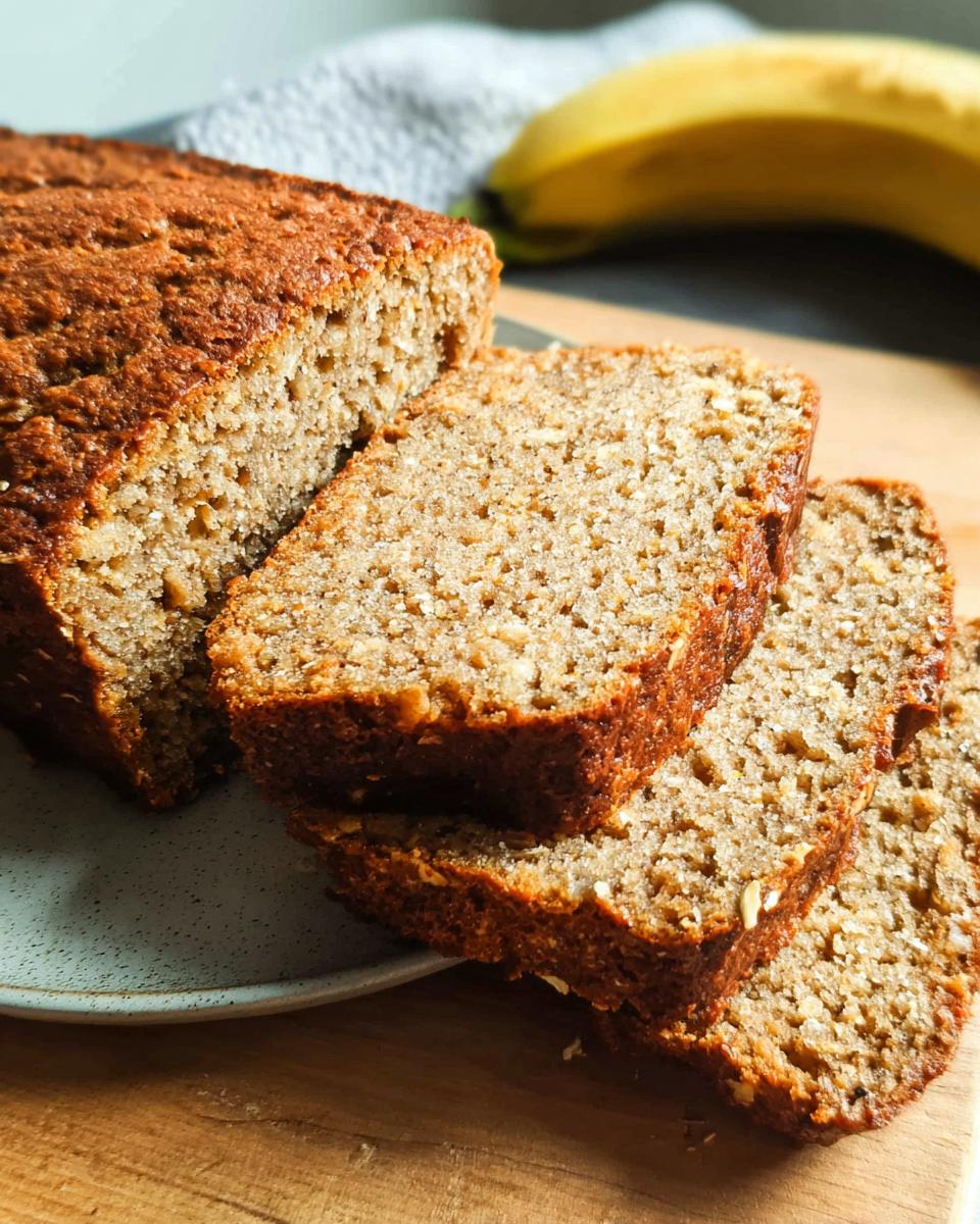 Close-up of sliced high protein banana bread on a plate, with a whole banana in the background.