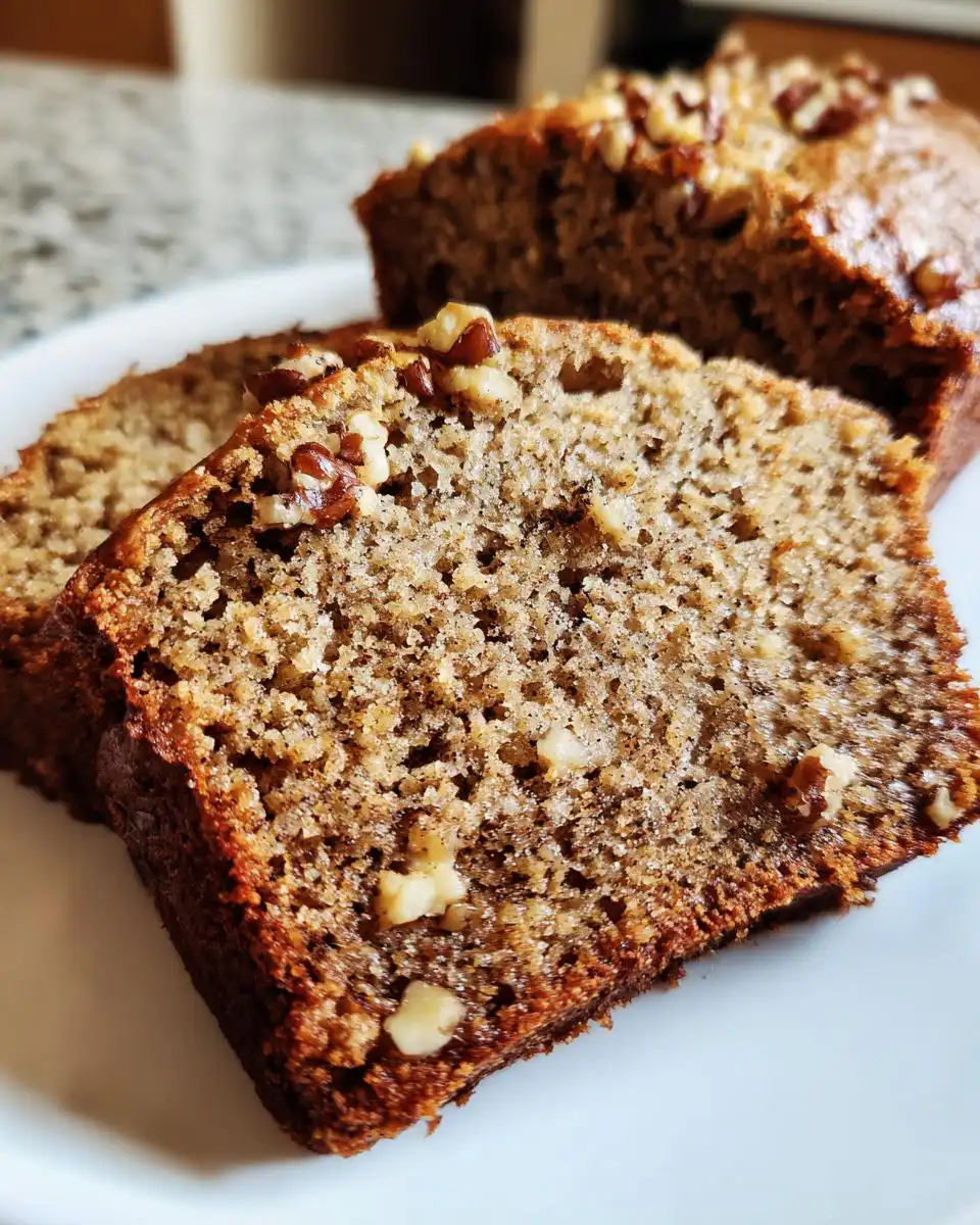 Close-up of two slices of High Protein Banana Bread, showing a moist crumb and embedded nuts.