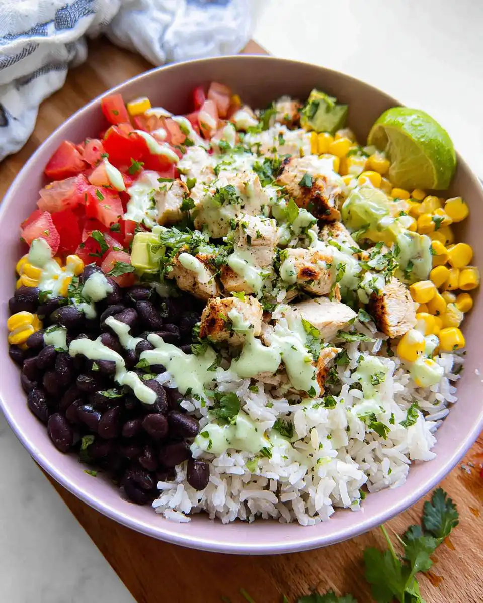 A vibrant High Protein Cilantro Lime Rice Bowl with chicken, black beans, corn, avocado, tomatoes, and a drizzle of creamy cilantro-lime dressing.