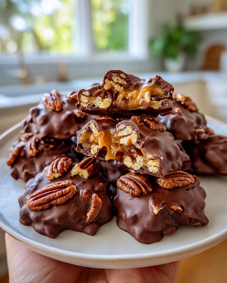 A close-up of homemade chocolate turtles, showing the rich chocolate coating, crunchy pecans, and gooey caramel filling.