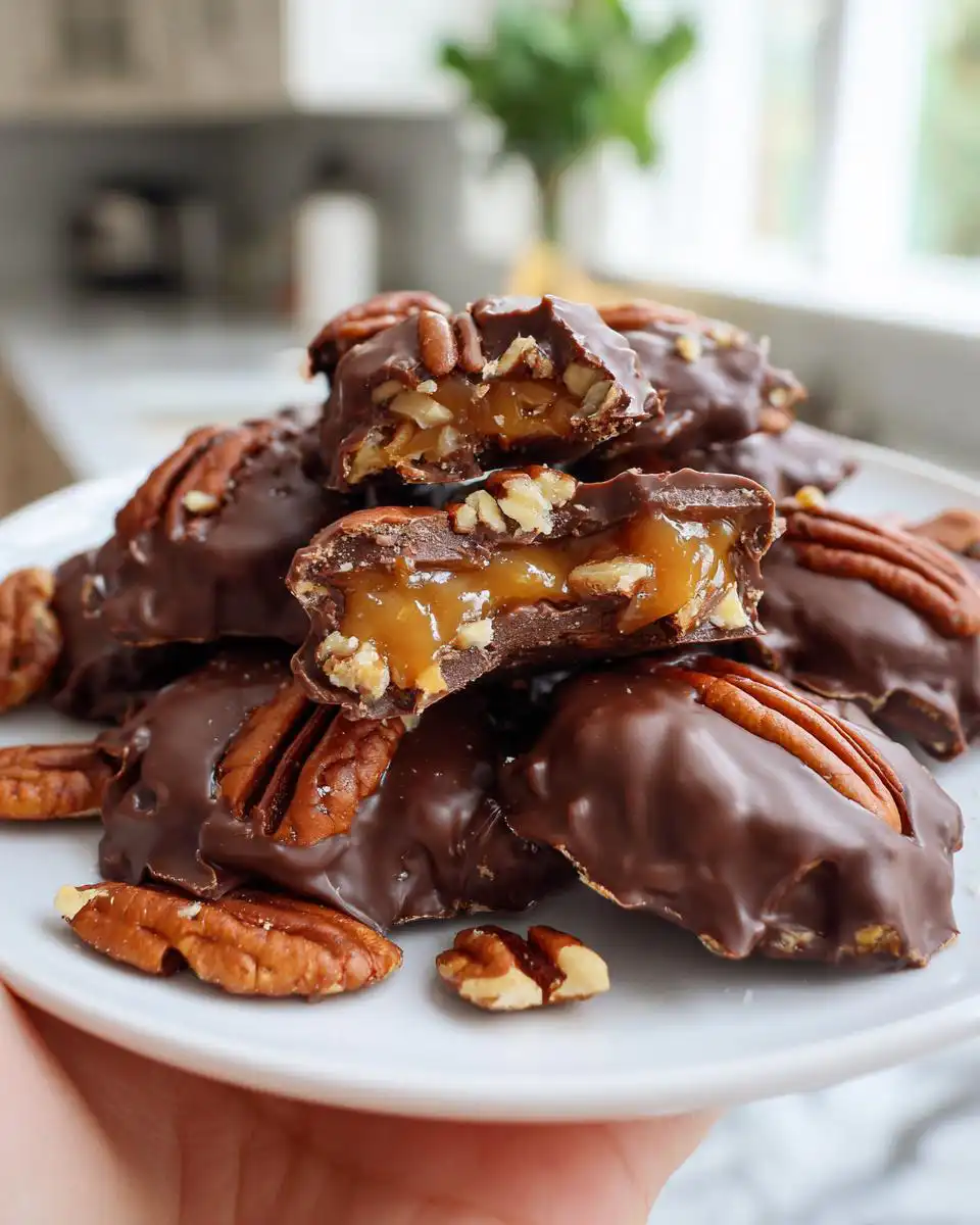 A close-up of delicious homemade chocolate turtles, showing a gooey caramel center and crunchy pecans.