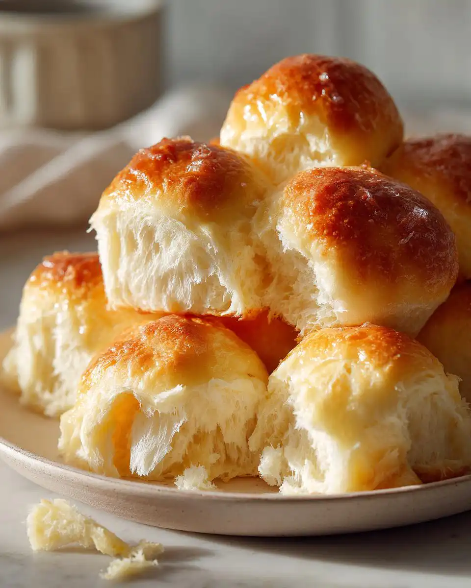A close-up of fluffy homemade dinner rolls stacked on a plate, with a golden-brown, slightly shiny crust.
