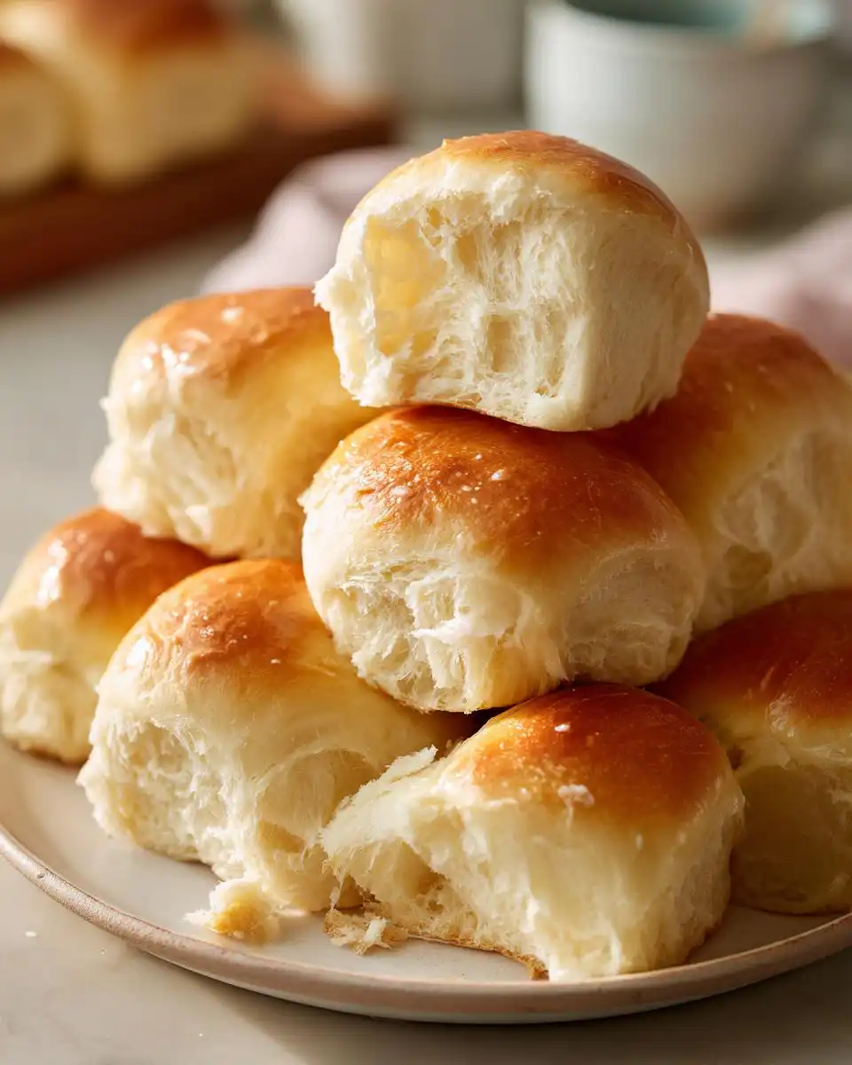 A stack of golden-brown, fluffy homemade dinner rolls with a soft, airy interior.