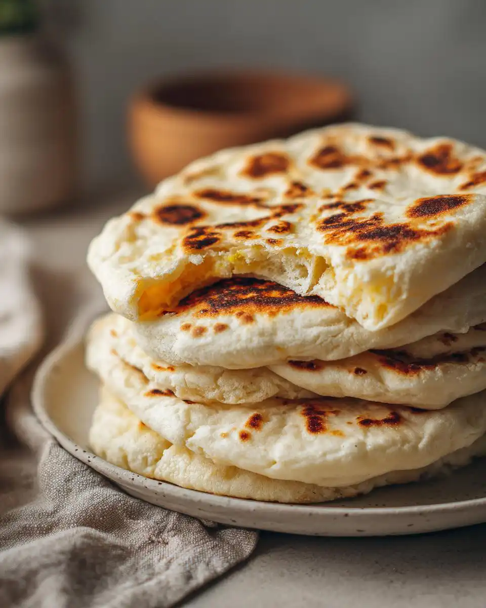 A close-up stack of freshly baked, soft homemade pita bread with golden-brown charred spots.
