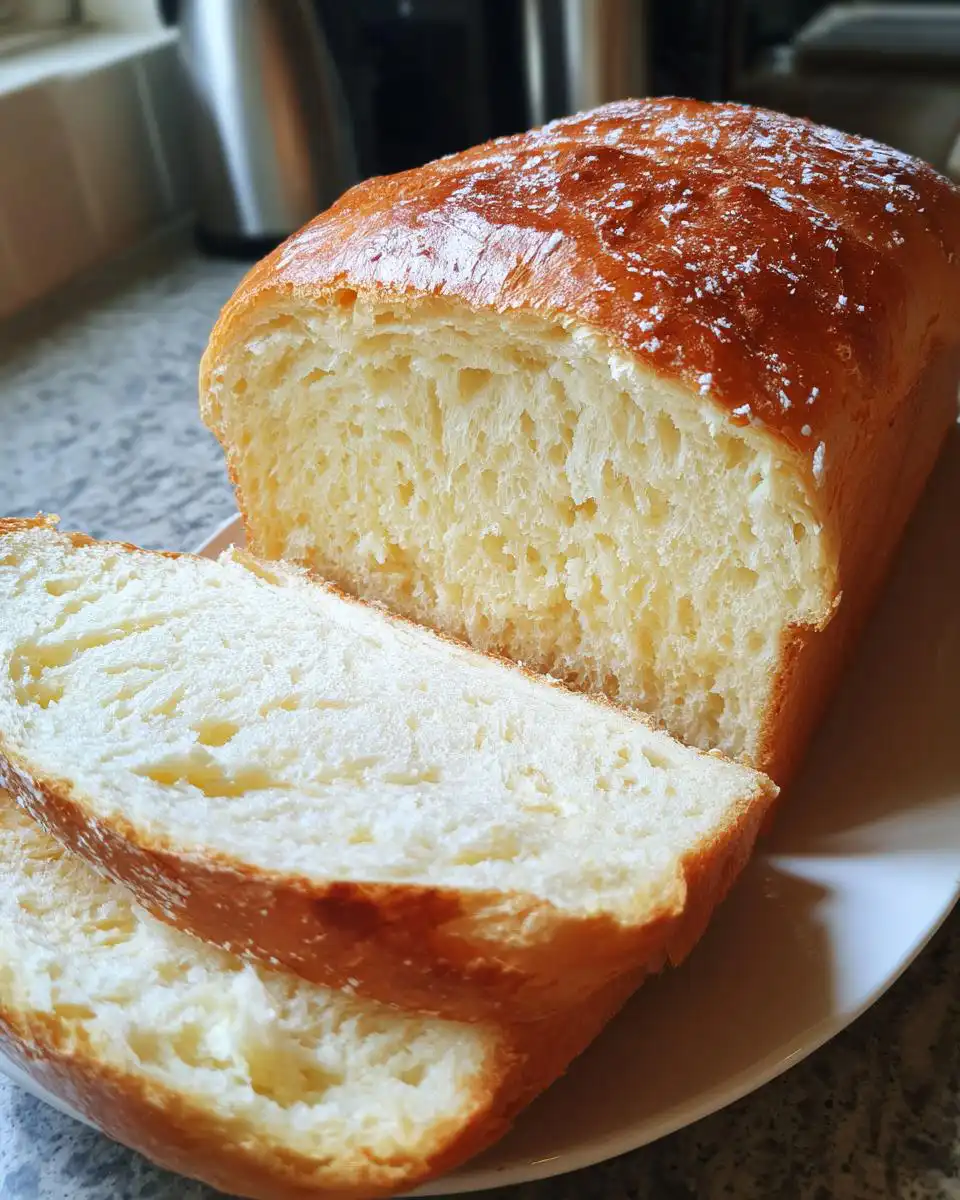 Close-up of a loaf of homemade white bread, with two slices cut and stacked on a white plate.