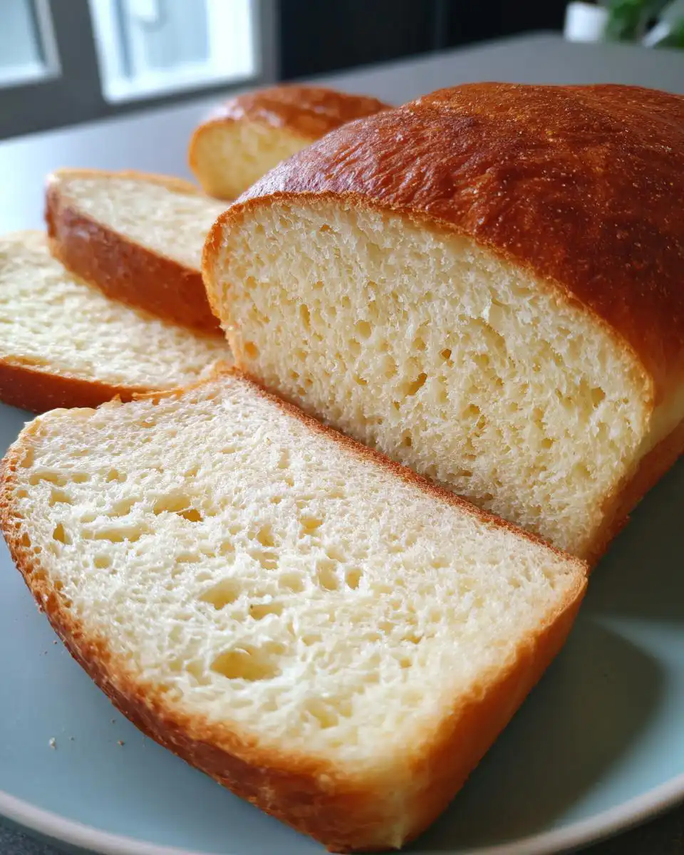 A close-up of a freshly baked homemade white bread loaf, with several slices cut and arranged on a plate.