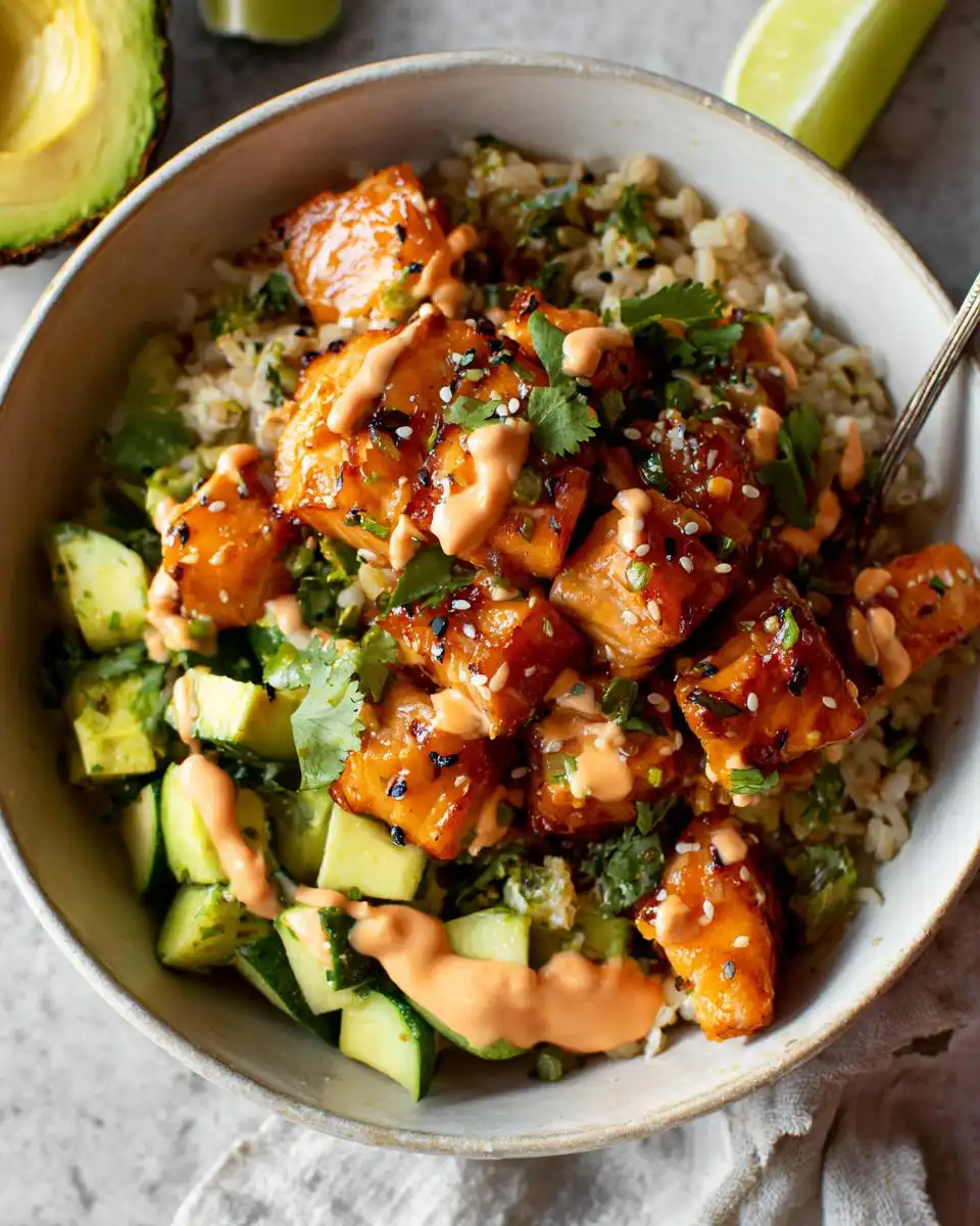Close-up of a Honey Glazed Salmon Bowl with brown rice, diced avocado, cucumber, and a drizzle of sauce.