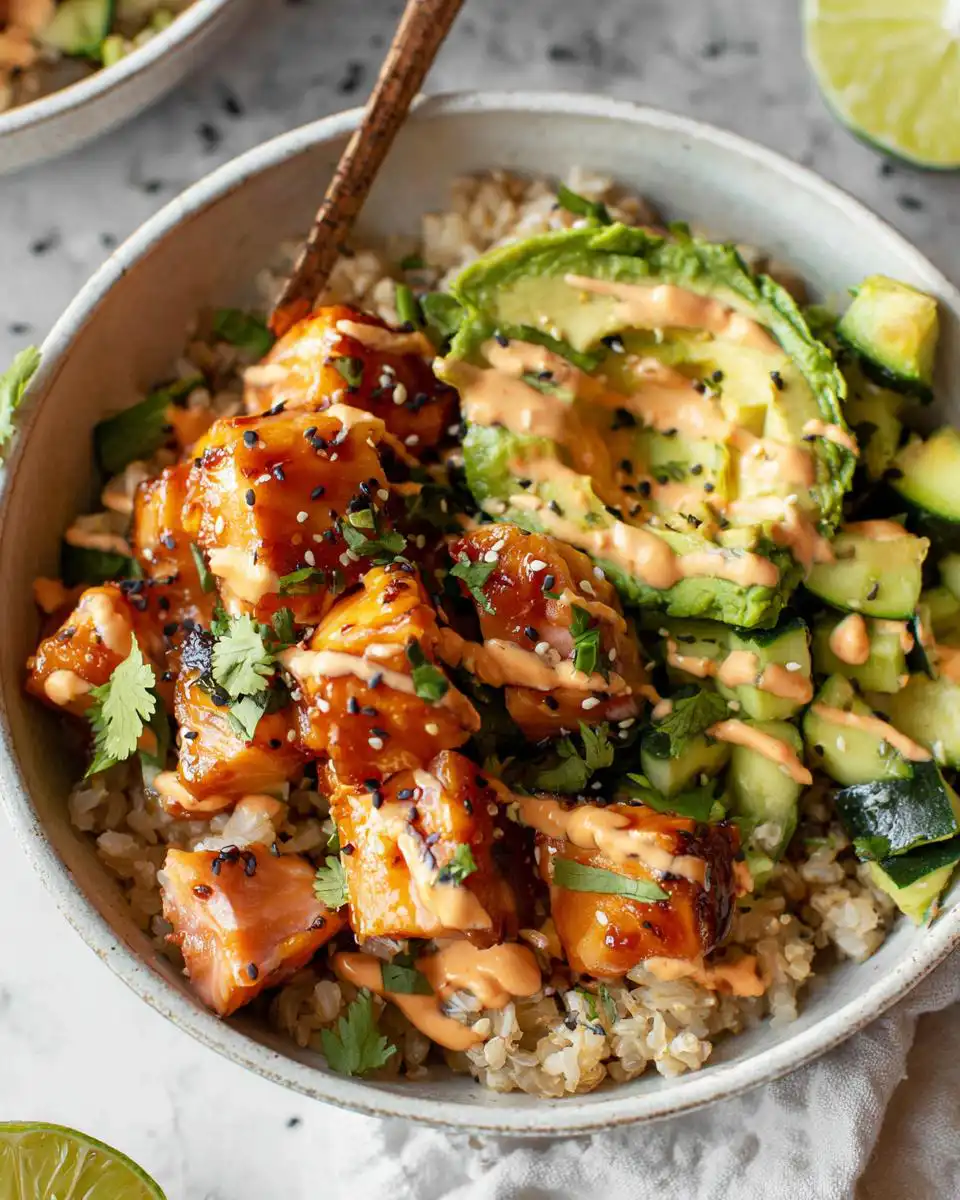 Close-up of a Honey Glazed Salmon Bowl with brown rice, avocado slices, cucumber, and a drizzle of sauce.