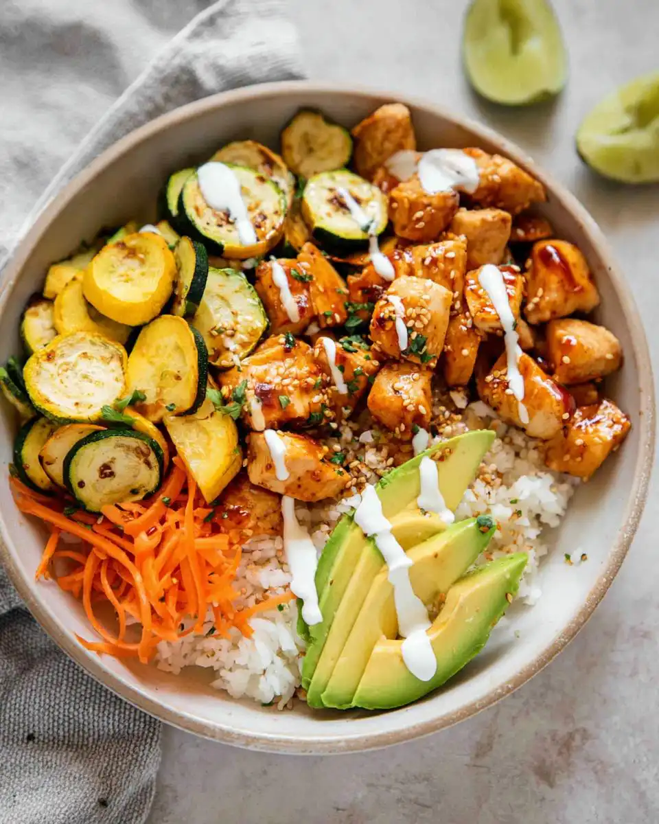 A vibrant bowl filled with Hot Honey Chicken Protein Bowls, featuring rice, roasted zucchini and yellow squash, shredded carrots, and sliced avocado.