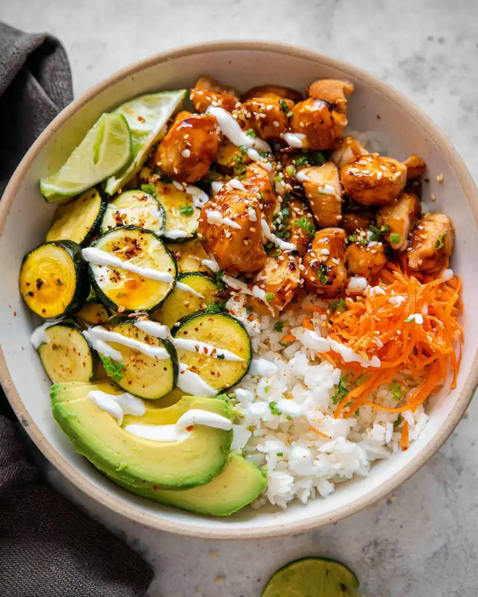 A vibrant bowl of Hot Honey Chicken Protein Bowls with roasted zucchini, avocado, shredded carrots, and rice.