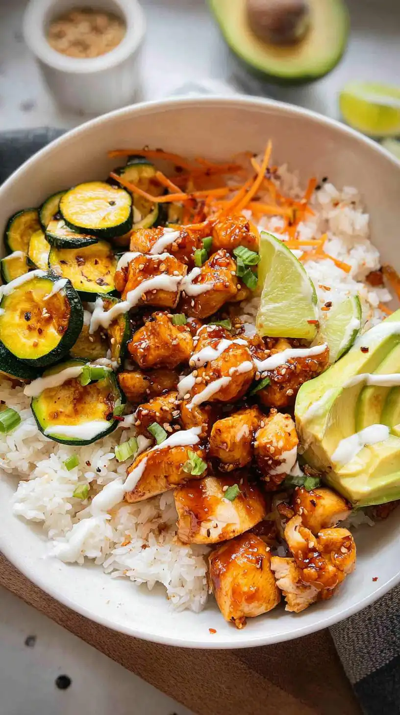 Close-up of Hot Honey Chicken and Rice Bowls with sliced zucchini, avocado, and lime.