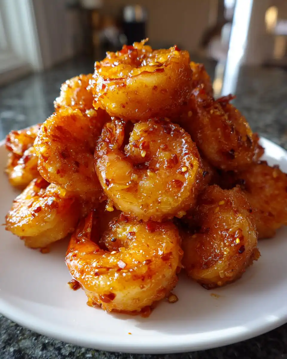 A close-up of a pile of glistening Hot Honey Fried Shrimp, coated in a sweet and spicy glaze with visible chili flakes.