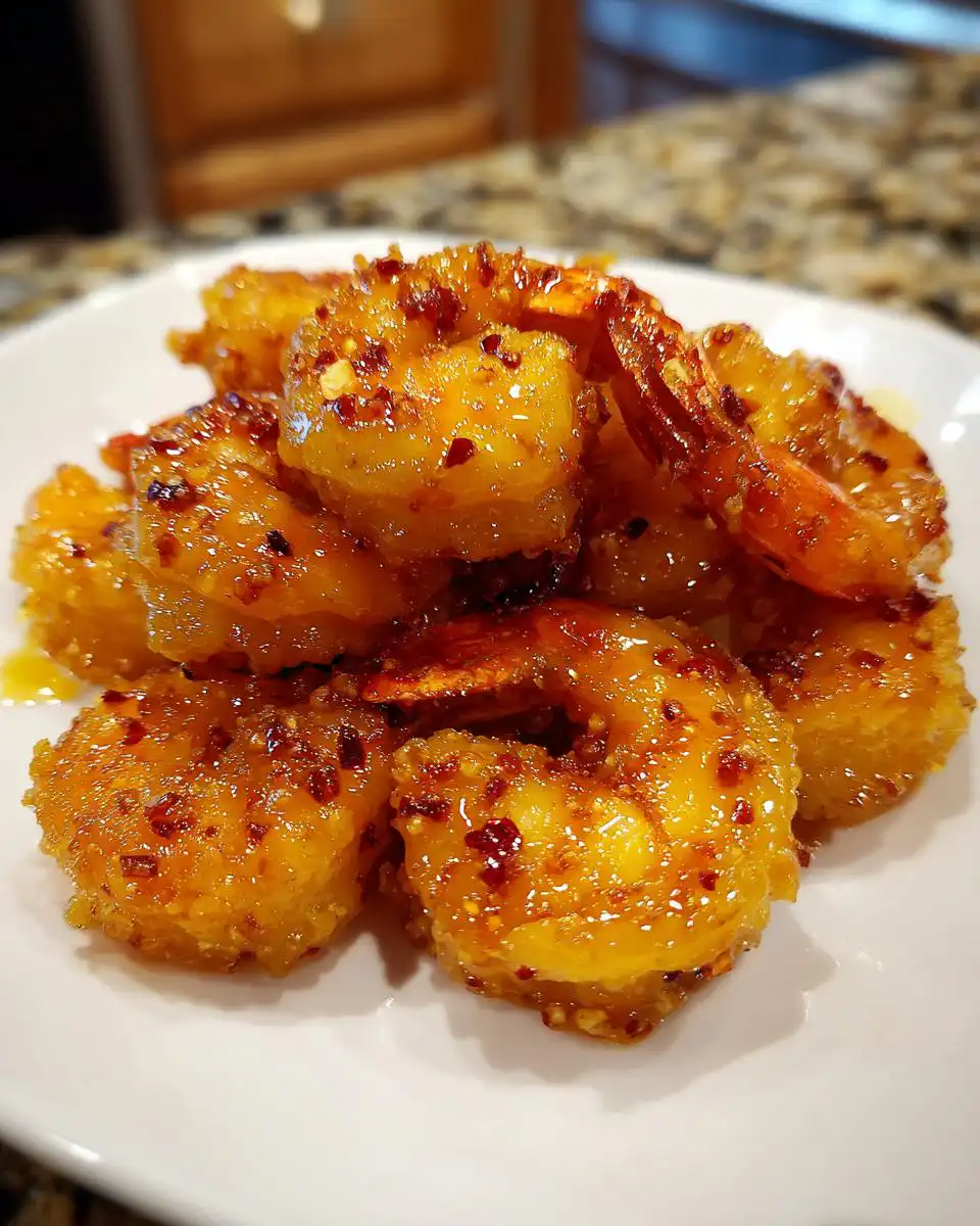 Close-up of a pile of glistening Hot Honey Fried Shrimp on a white plate, coated in a sweet and spicy glaze with visible chili flakes.