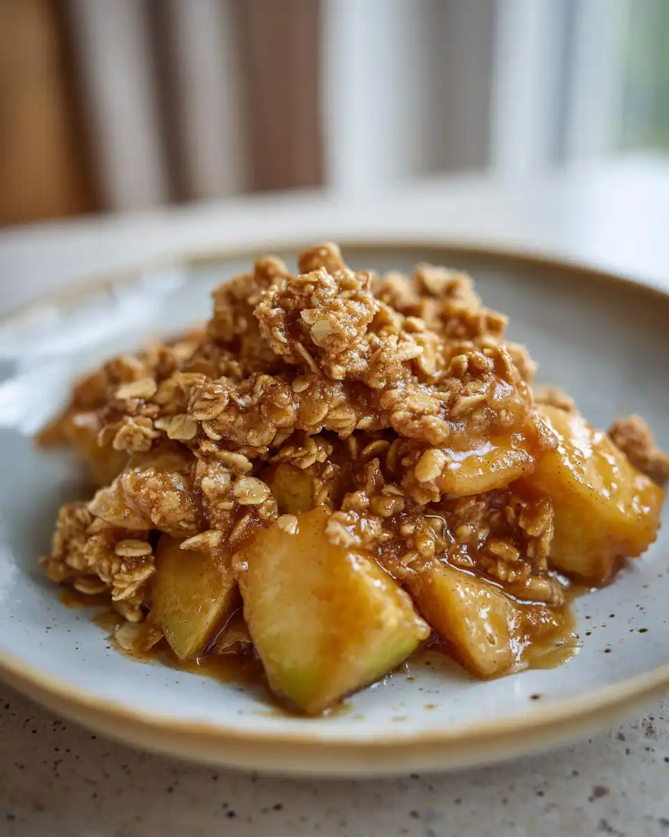 A close-up of a serving of Instant Pot Apple Crisp, featuring tender baked apples and a crunchy oat topping.