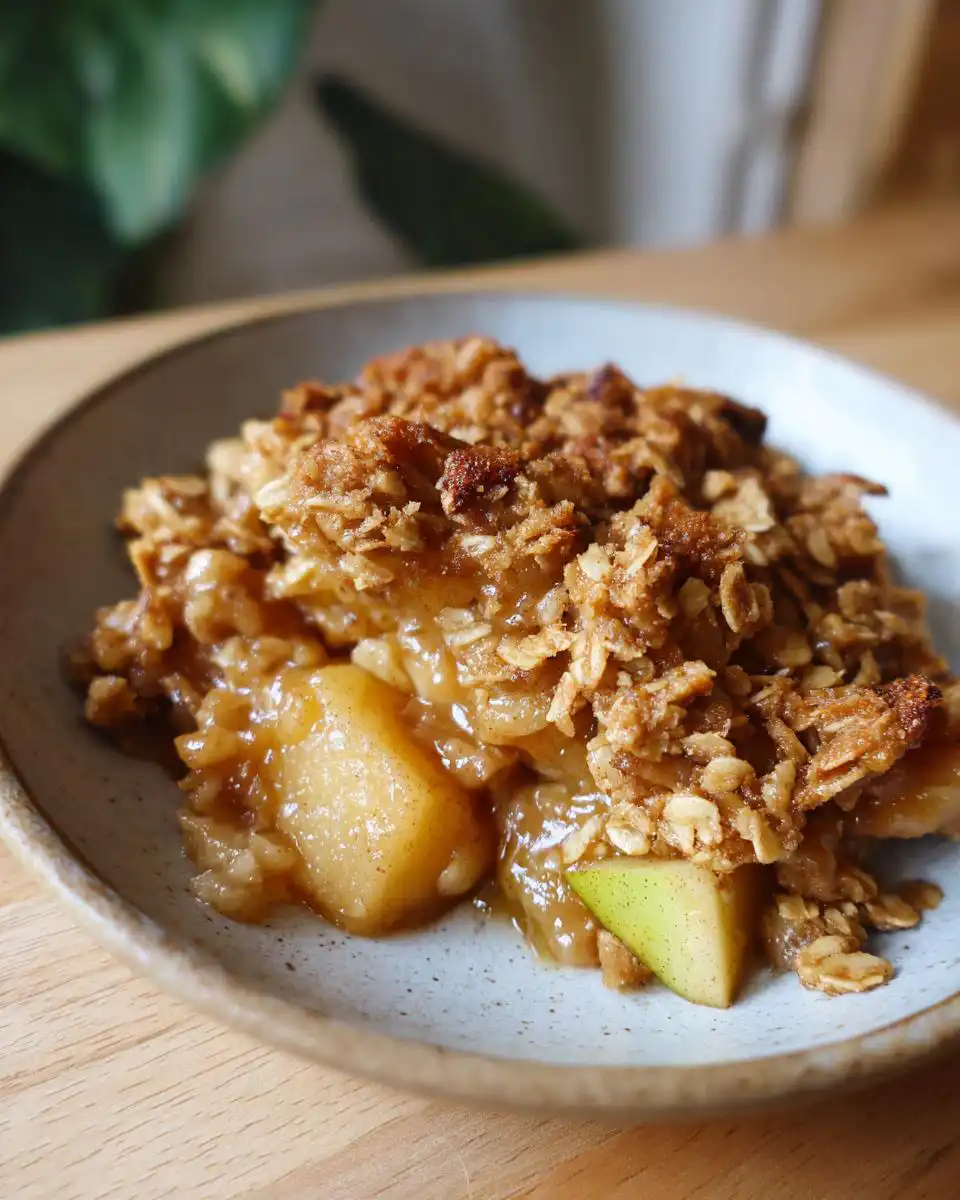 A close-up shot of a serving of Instant Pot apple crisp in a bowl, showing tender baked apples and a crunchy oat topping.