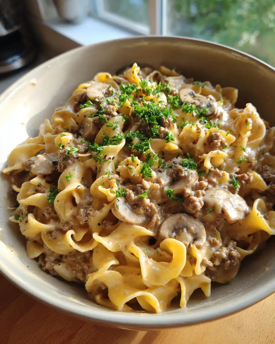 A close-up of a bowl filled with creamy instant pot beef stroganoff, featuring egg noodles, ground beef, and sliced mushrooms, garnished with fresh parsley.