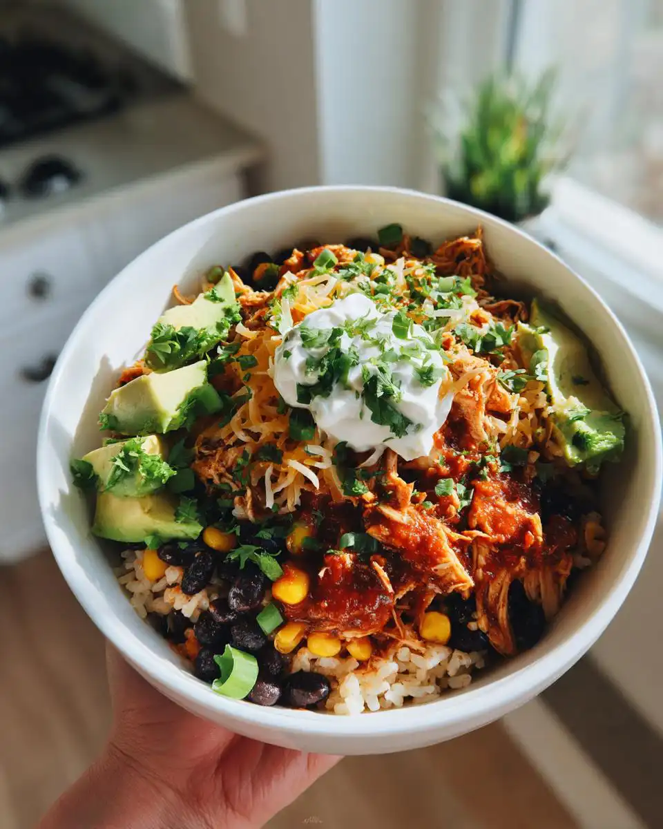 A delicious bowl of Instant Pot Chicken Taco Bowls filled with rice, chicken, black beans, corn, avocado, cheese, and sour cream.