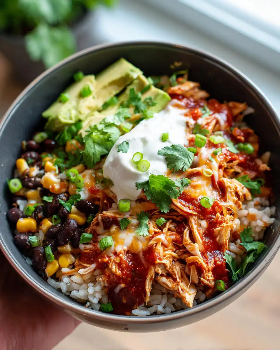 A delicious bowl of Instant Pot Chicken Taco Bowls, topped with shredded chicken, rice, black beans, corn, avocado, sour cream, and cilantro.