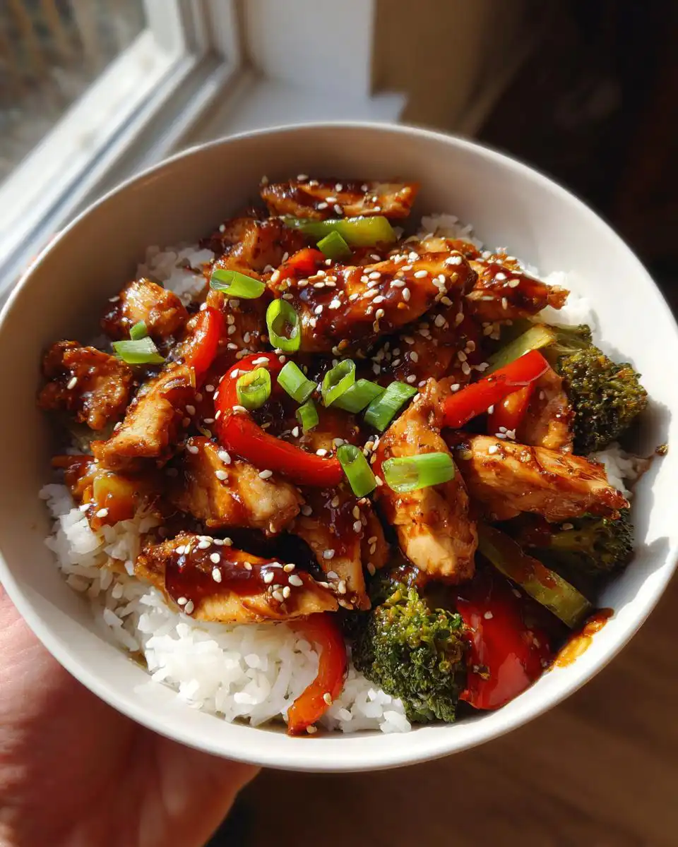A close-up of Instant Pot chicken teriyaki bowls, featuring tender chicken, broccoli, and red peppers over white rice, garnished with sesame seeds and green onions.
