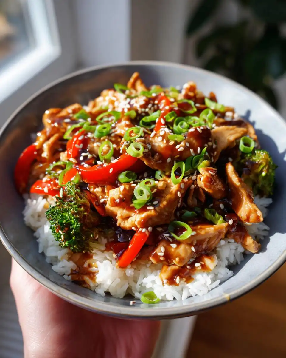 A bowl of Instant Pot chicken teriyaki bowls with rice, broccoli, red peppers, and sesame seeds.