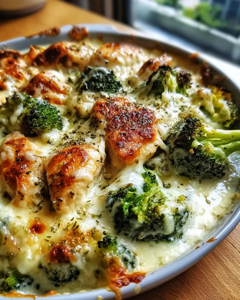 Close-up of a bubbling Keto Chicken Alfredo Broccoli Bake with tender chicken, florets of broccoli, and melted cheese.
