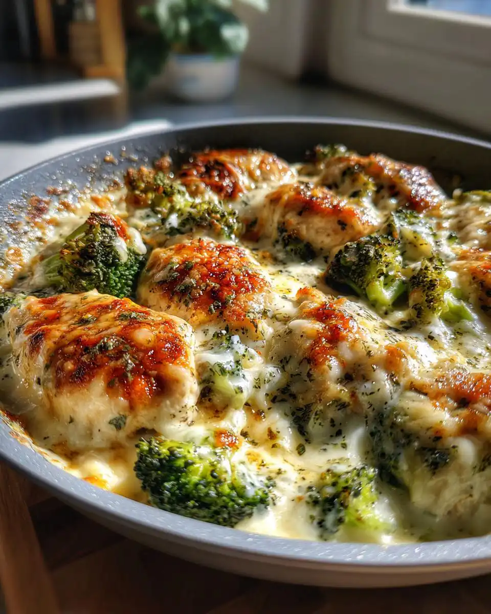 Close-up of a Keto Chicken Alfredo Broccoli Bake in a skillet, featuring tender chicken, vibrant broccoli florets, and melted cheese.