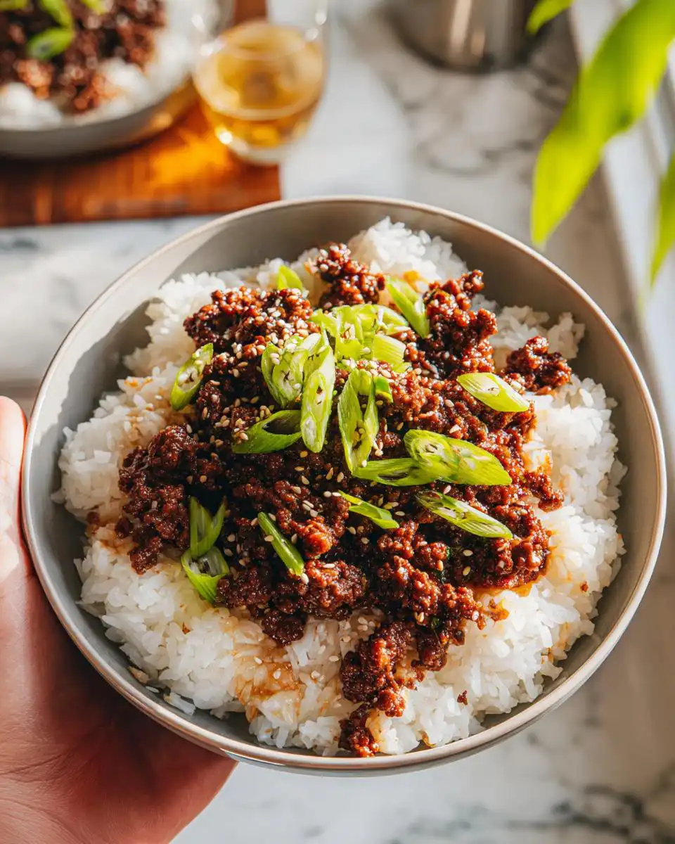 A close-up of a delicious Korean beef bowl recipe, featuring seasoned ground beef over white rice, garnished with green onions and sesame seeds.