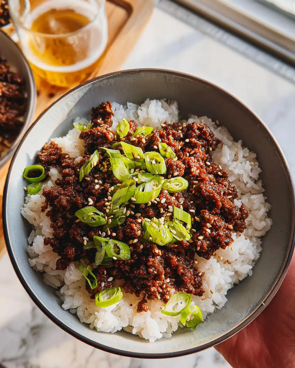 Close-up of a Korean beef bowl recipe topping with seasoned ground beef over white rice, garnished with green onions and sesame seeds.