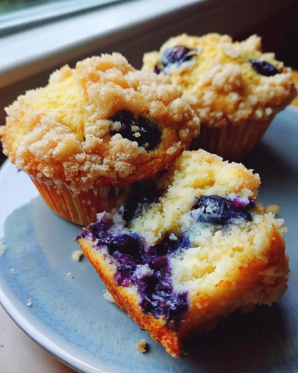 Close-up of Lemon Blueberry Muffins with Oatmeal Crumb, one muffin broken open to show blueberries.