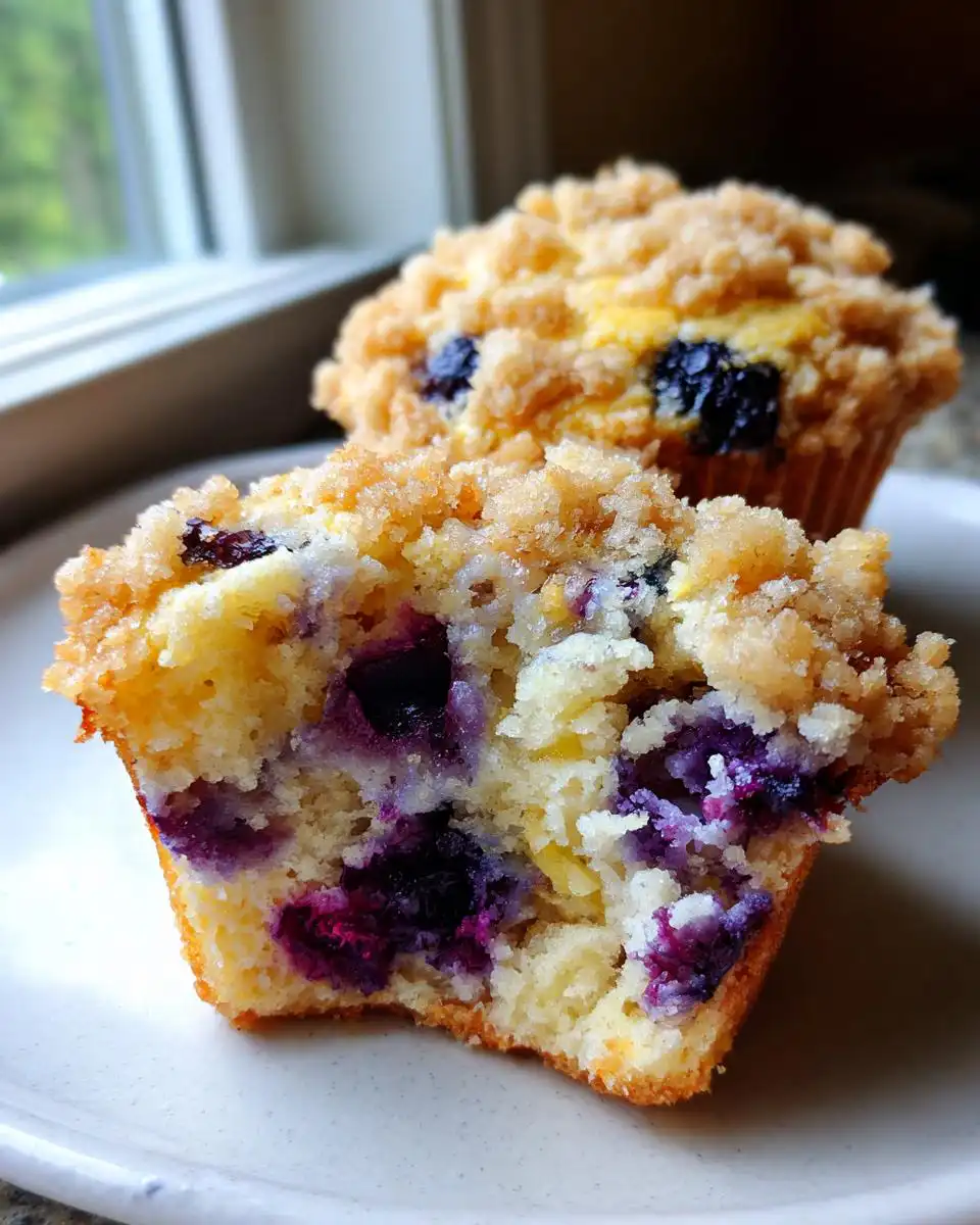 Close-up of a delicious Lemon Blueberry Muffin with Oatmeal Crumb, showing juicy blueberries and moist crumb.