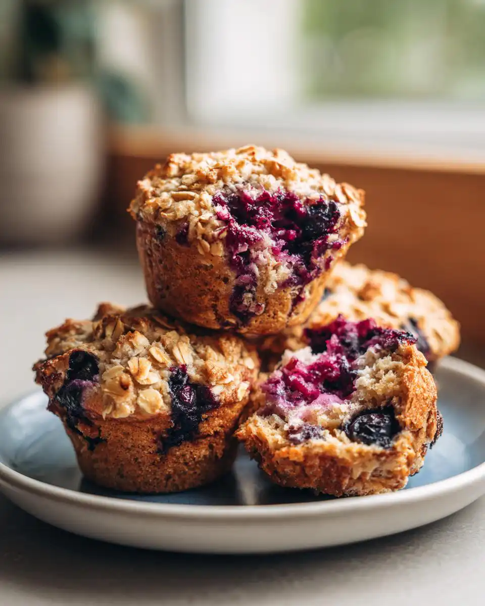 A stack of light blueberry muffins with oats and yogurt, one muffin is broken open to reveal juicy blueberries.