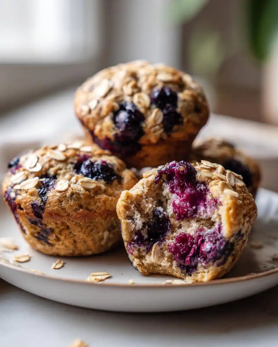 Close-up of light blueberry muffins with oats and yogurt, one muffin is broken open revealing juicy blueberries.