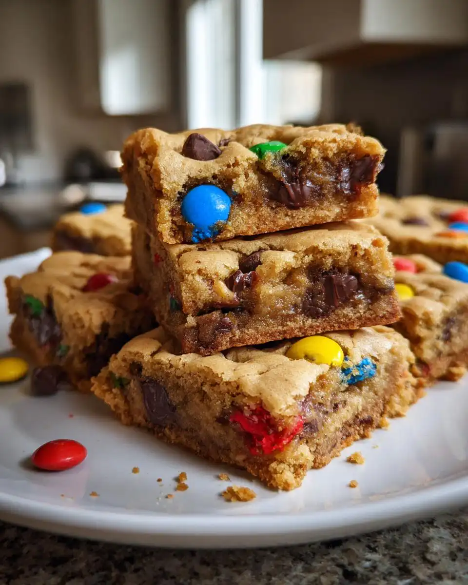 A stack of chewy M&M cookie bars filled with chocolate chips and colorful M&M candies.
