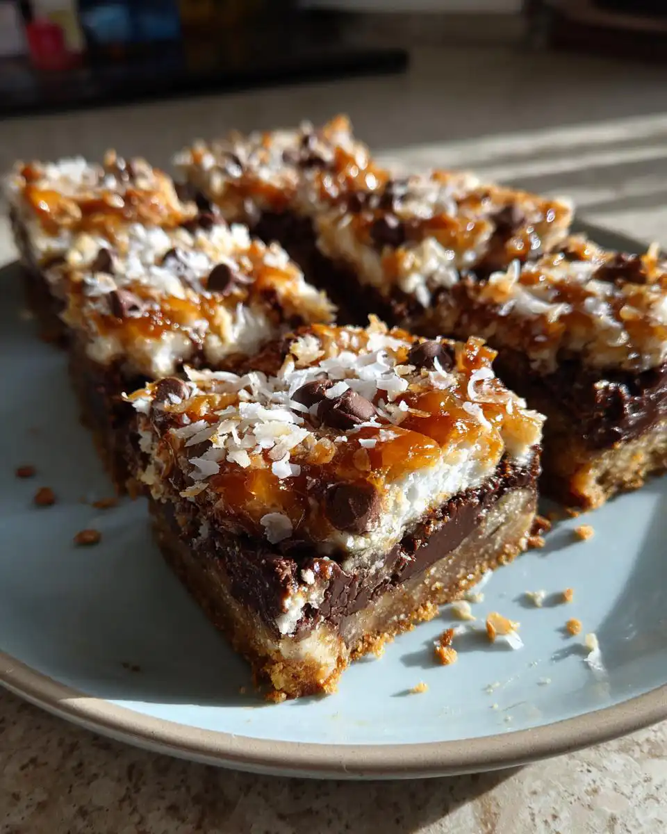 Close-up of a slice of Magic Bars recipe, showcasing layers of chocolate, caramel, coconut, and chocolate chips.