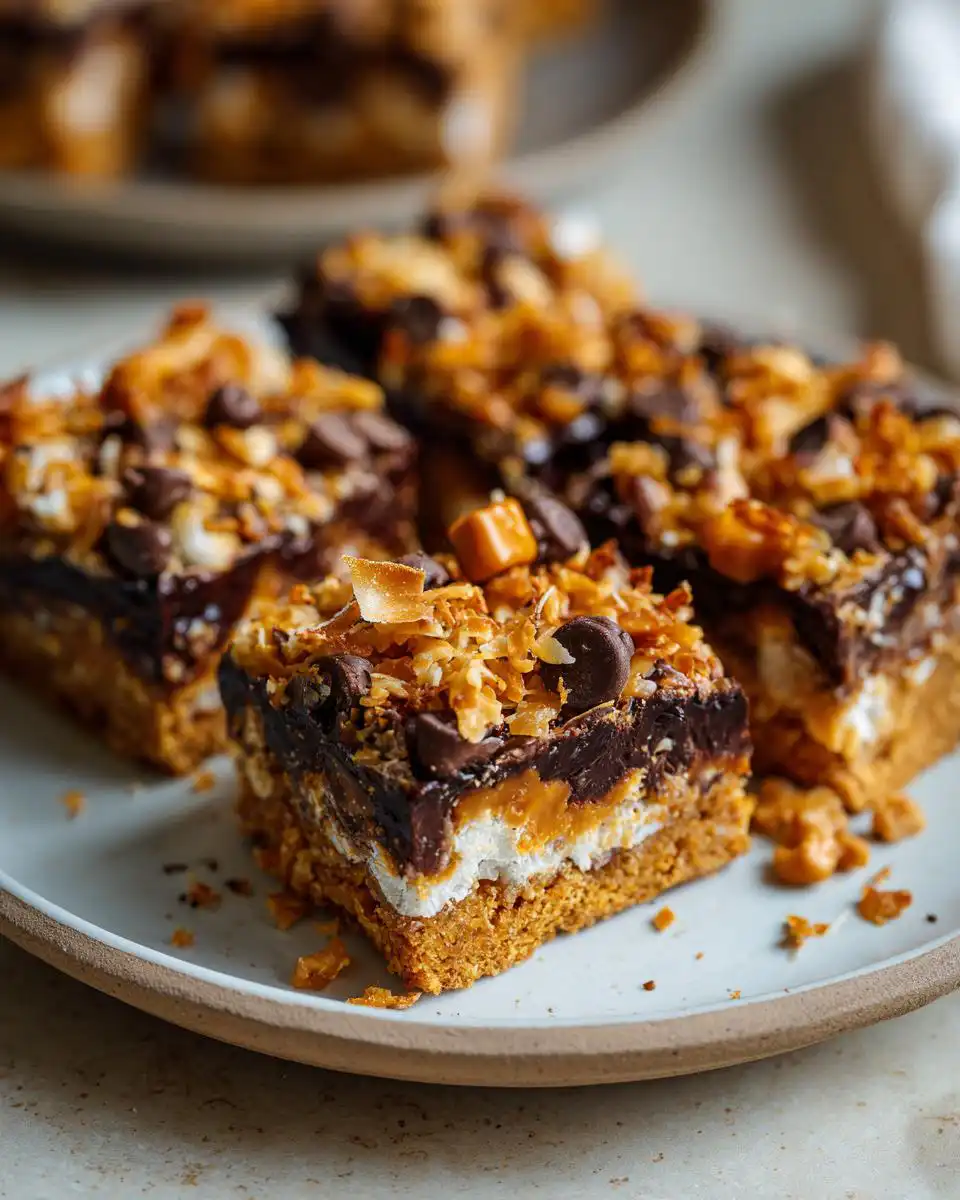 Close-up of a plate with several delicious Magic Bars, showcasing layers of chocolate chips, coconut, and caramel.
