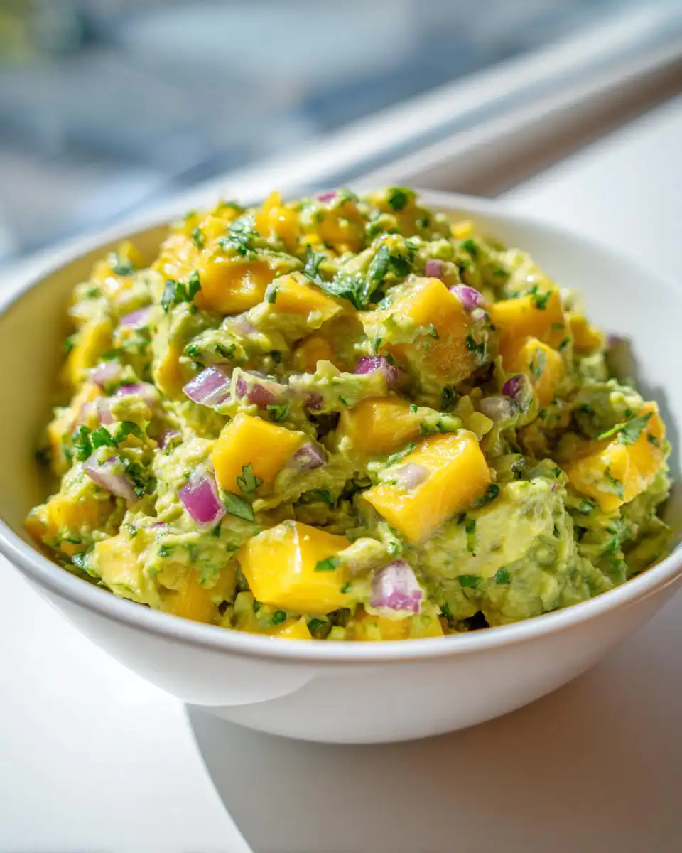 A close-up of a white bowl filled with fresh Mango Guacamole Recipe, showing chunks of ripe mango, avocado, red onion, and cilantro.