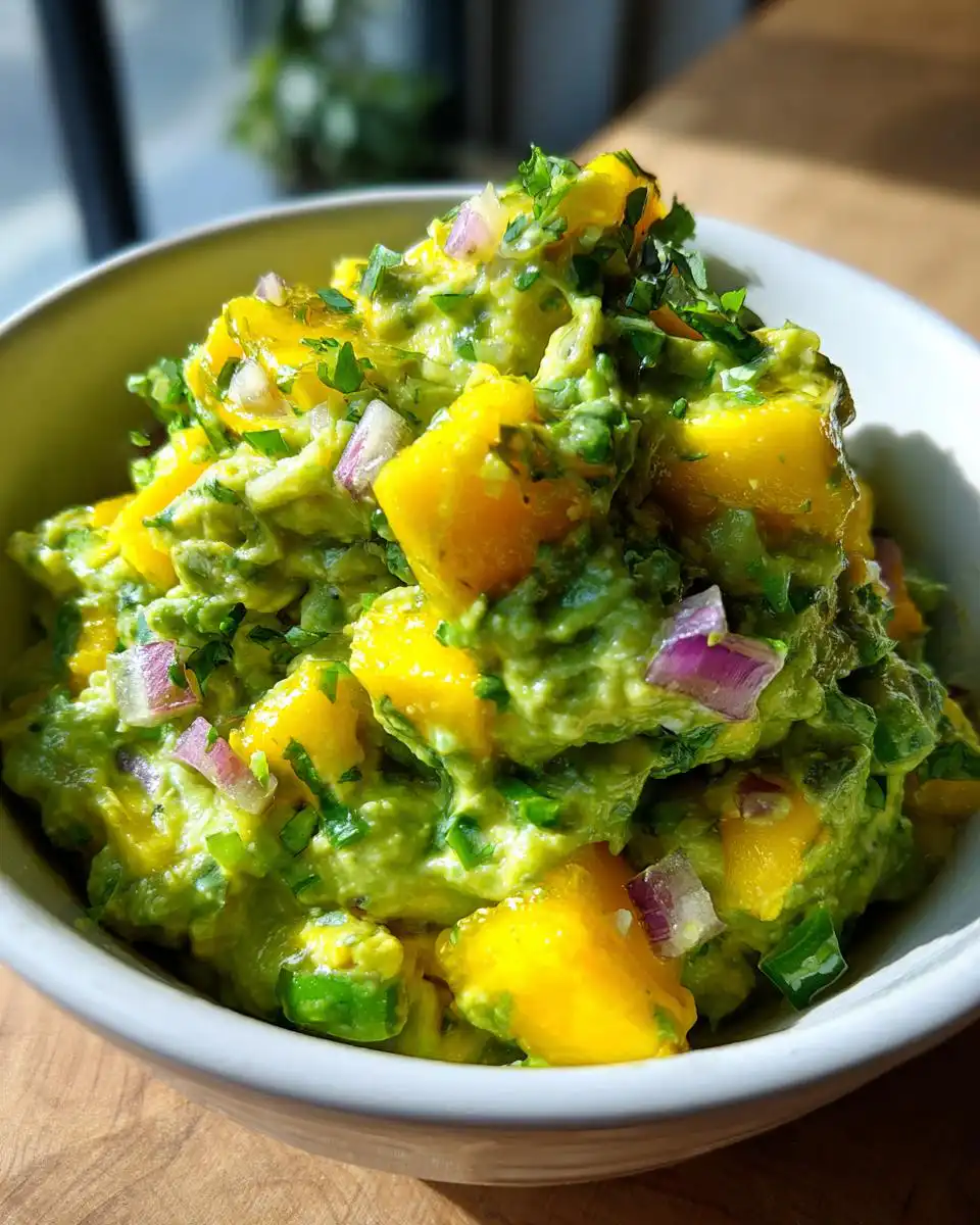 Close-up of a bowl of Mango Guacamole Recipe, featuring chunks of ripe mango, creamy avocado, red onion, and cilantro.